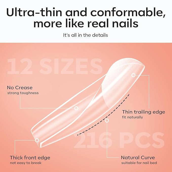 modelones X Nail Gel Kit Kit Medium Square, 9-in-One Nail Glue with Portable U V Lamp 216Pcs 12Sizes Pre-Etched Press ons Fake Acrylic Extension Kit DIY Salon Gift for Women
