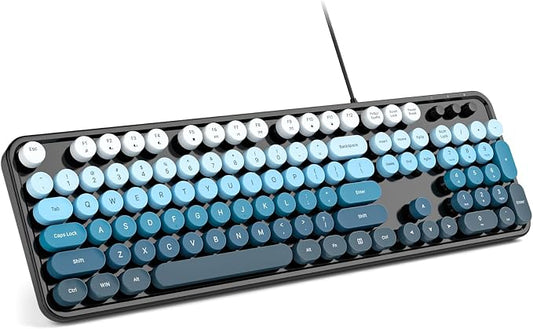 MOWUX Computer Keyboard Wired, Plug and Play USB Retro Round Typewriter Keyboard, Full Size Wired Keyboard with Foldable Stands for Laptop and Office PC- Black Blue Gradient