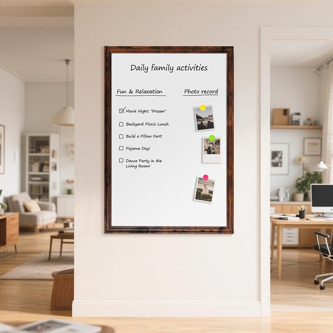 Large Dry Erase White Board for Wall, 48"x36", Brown White Wooden Frame | Magnetic, Decorative Whiteboard, Wall Mounted, for Home, Office, Kitchen, Dorm, 4 Markers, 6 Magnets, A Eraser