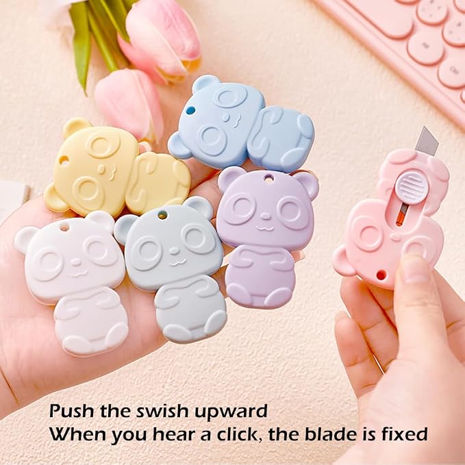 6 Pack Mini Retractable Box Cutter Cute Panda Shaped Utility Knife | Letter Opener, Envelope Slitter, Portable Utility Pocket Knives, DIY Cutting, Keychain Hole, Home Office Stationery
