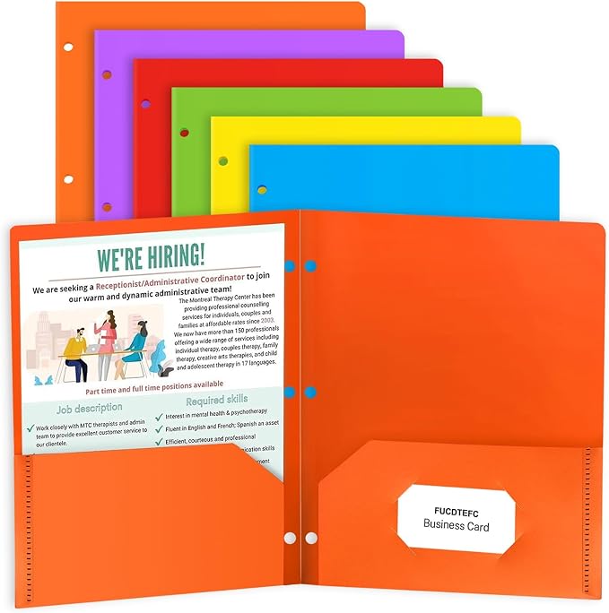 6 Pack Folders with Pockets, Plastic 3 Hole Punched Binder Folders with Business Card Holder, Colored Decorative File Folders for Documents, Filing Cabinet, School, Office, Business | 6 Color, Decorative, File Folders, Business Card Holder, for Documen...