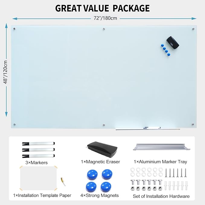 Glass Whiteboard 48"X72" Dry Erase Board Magnetic Frameless Wall Mounted White Board WritingBoard for Office School Home Accessory Tray, 3 Dry Erase Marker,4 Glass Board Magnets and 1 Magnetic Eraser