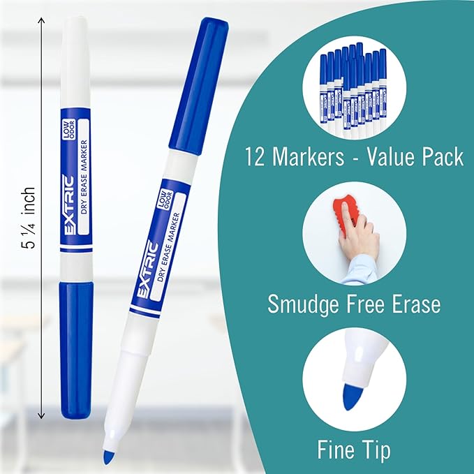 EXTRIC Blue Dry Erase Markers Fine Tip, 36 Count Whiteboard Markers, Fine Tip Dry Erase Marker Bulk Classroom Pack White Board Marker for Teachers and Students