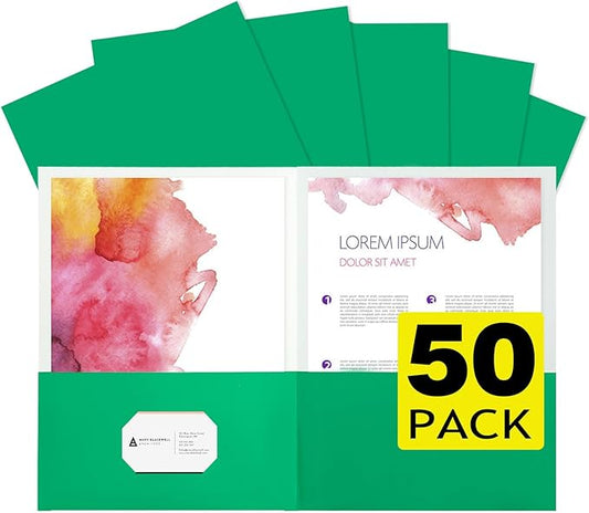 50Pcs Green Folders with Pockets,2 Pocket Folders Bulk,Holds 100 Sheets,Assorted Colors,Office Or School