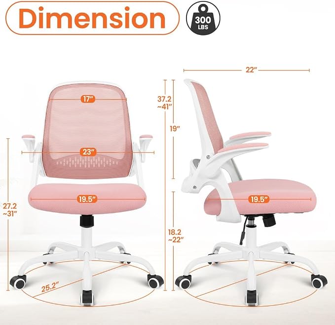 NEO CHAIR Office Computer Chair Ergonomic Mesh Back Flip-Up Arms, Pink | Lumbar Support, Smooth-Rolling Casters, Height Adjustable Seat, Comfortable Seating for Office, Study and Computer Work