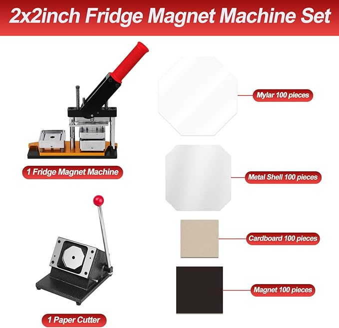 2x2in Square Fridge Magnets Badge Maker Machine DIY Photo Refrigerator Sticker Magnet Press Machine+Paper Cutter+100pcs Materials
