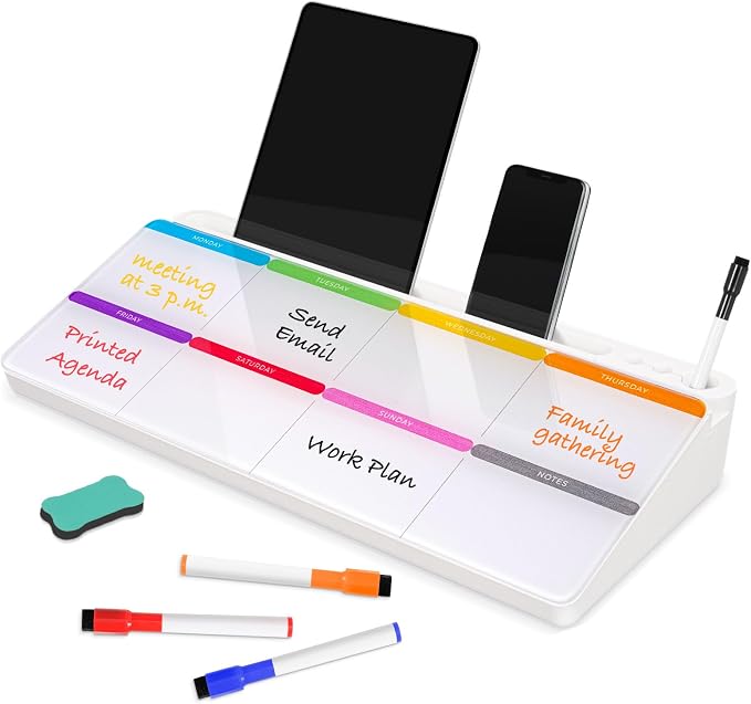DOLLAR BOSS Glass Desk Whiteboard Calendar Small Dry Erase Board, White | Desktop White Board with Storage Drawer, Colorful Weekly Calendar, Computer Keyboard Stand, Desk Organizer, Office Supplies