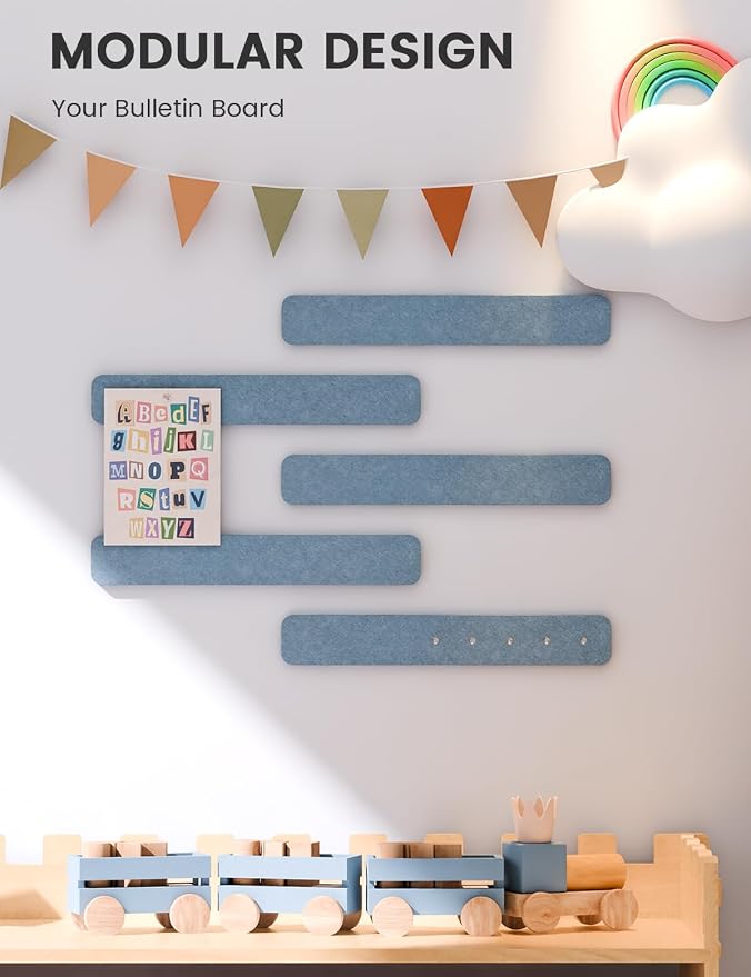 Fluxynara 13" x 2" Felt Wall Panels, Dusty Blue | 5-Pack Includes 35 Push Pins and Adhesive Tabs for Photos, Notes and Decor in Bedroom Doors, Home Office or Studios