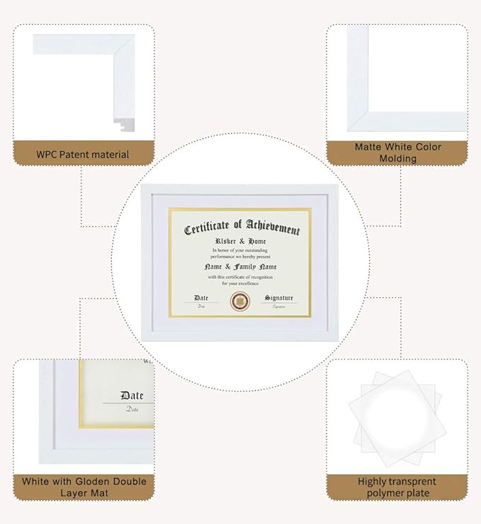 ELSKER&HOME 8.5x11 Certificate Frame - Classic White Color Frame - Displays Diploma 8.5x11 Inch with Mat - 11x14 Inch Without Mat - For Document/Photo (2 Pack, Matte White with Gold Rim)