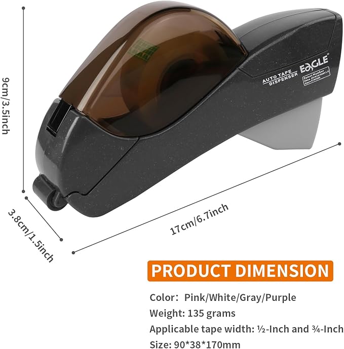 Eagle Automatic Tape Dispenser, Handheld & Portable Design, Office Tape Gun, One-Handed Operation with Safety Blade for Office, Home, DIY or Packaging (Includes 2 Free Tapes) (Gray)