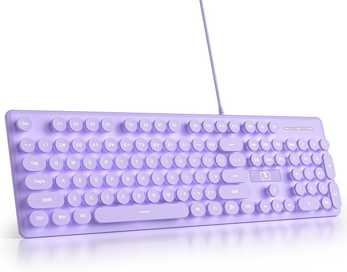 surmen Purple Quiet Keyboard Wired Retro Typewriter, Full Size Soft Keyboards with Number Pad, Round Keys, Backlit USB for Office, Desktop, Laptop(Purple)