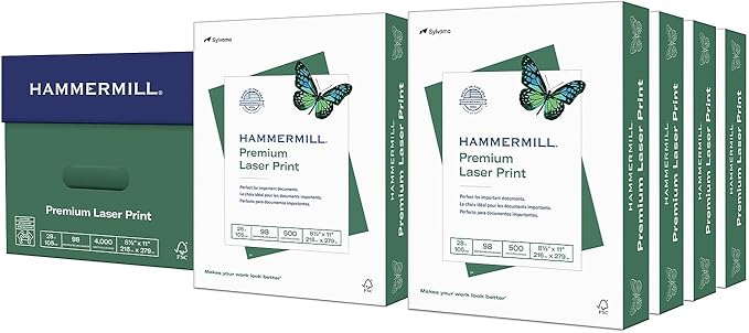 Hammermill Premium Laser Printer Paper, 28 lb, 8.5 x 11 in, 8 Ream (4,000 Sheets), 98 Bright, Made in the USA, 125534C
