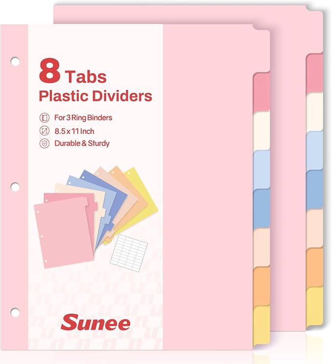 SUNEE 8 Tab Binder Dividers,Plastic Dividers for 3 Ring Binder,3 Ring Binder Dividers with Tabs for School Office Home Supplies,Pastel Color, 2 Set