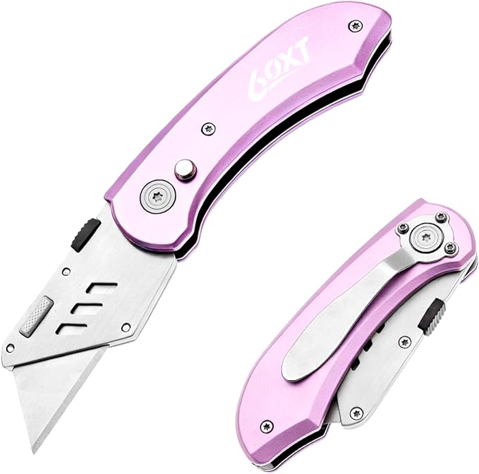 Utility Knife Folding Safety Lock Quick Change with 10 Extra SK5 Replacement Blade Lightweight Aluminum Handle & Pocket Clip Multi-Use Box Cutter Office Home Art Diy Great Gift Choice (New.Pink)