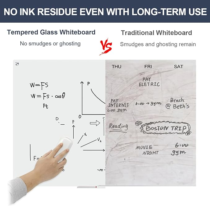 Glass Whiteboard 48x36 Magnetic White Board Dry Erase Board for Wall | Magnetic Surface, Dry Erase, Large Frameless Glass Whiteboard, Ideal for Office Home School Classroom Kitchen
