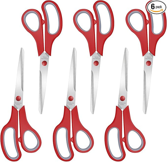 6 Packs Sewing Craft Scissors Bulk,8" Multipurpose Heavy Duty Sharp Scissors,Stainless Steel Shears for Home Office Student Supplies,Red