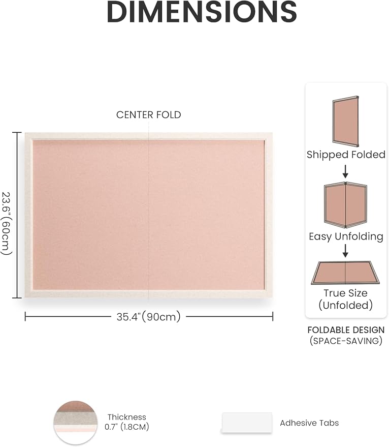 Fluxynara 35.4" x 23.6" Felt Frame Bulletin Board, Pink | Cork Board Alternative with 24 Removable Adhesive Tabs, Foldable Pin Board for Wall, Home, Office, Classroom & Dorm