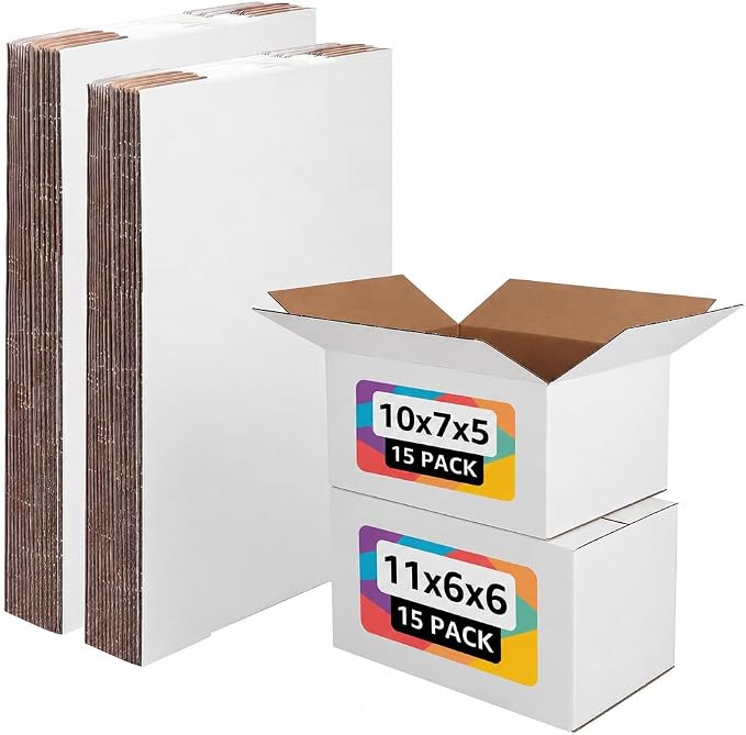 30 Pack 10x7x5, 11x6x6 Assorted Sizes Shipping Boxes for Small Business, Each Size 15 Pack, White Corrugated Cardboard Small Box for Packaging, Moving, Mailing, and Storing
