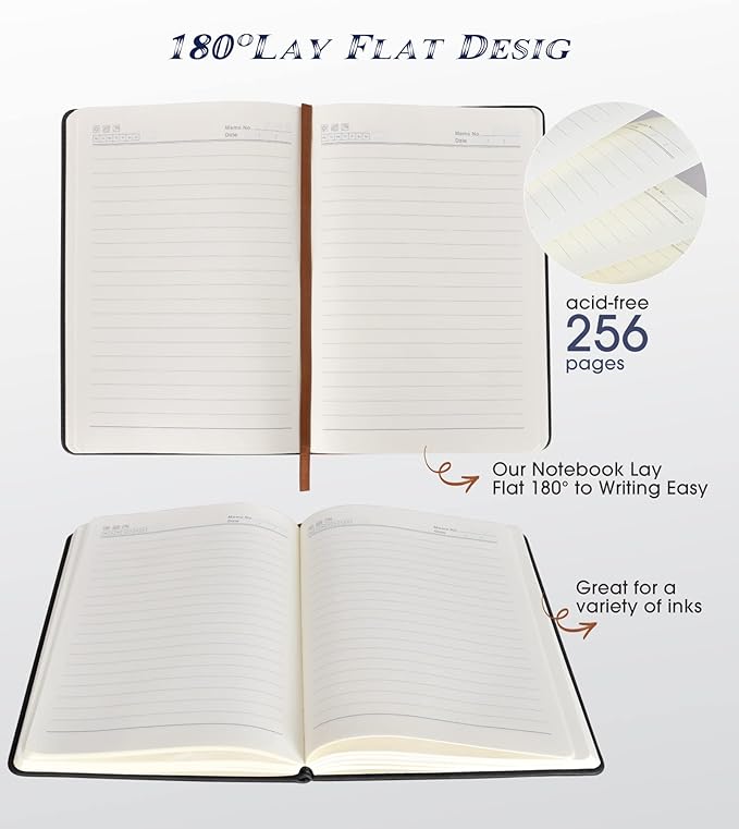 Lined Journal Notebook for Women Men,256 Pages A5 Hardcover Leather Journals for Writing,Travel,Business,Work & School,College Ruled Notebooks for Note Taking,Diary Notepad 5.7"×8.3"(Black)