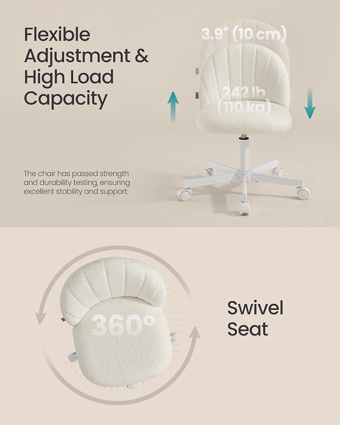 SONGMICS Office Chair, Swivel Makeup Vanity Desk Chair, Height Adjustable, Foam Padded, for Home Office, Bedroom, Dressing Room, Teddy Fleece, Cloud White UOBG027WD01