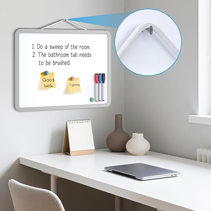 MaxGear Small Dry Erase Board for Wall, 14"x 11" Hanging Double-Sided Whiteboard with 3 Dry Erase Markers, 3 Magnets, Portable White Board for Planning, Drawing, Memo, to Do List, Grey Frame
