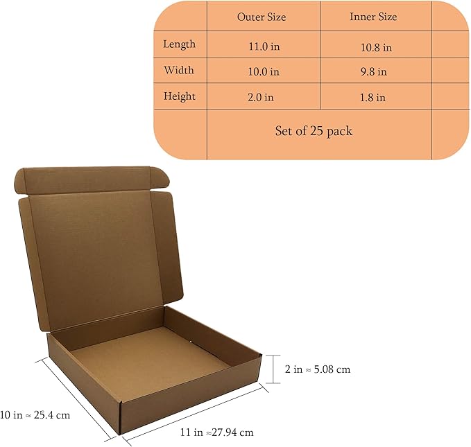 11x10x2 Inches Shipping Boxes Set of 25, Brown Corrugated Mailing Cardboard Box Literature Mailer for Packing Small Business Moving and Storage,E-Commerce Packaging (11"×10“×2”)