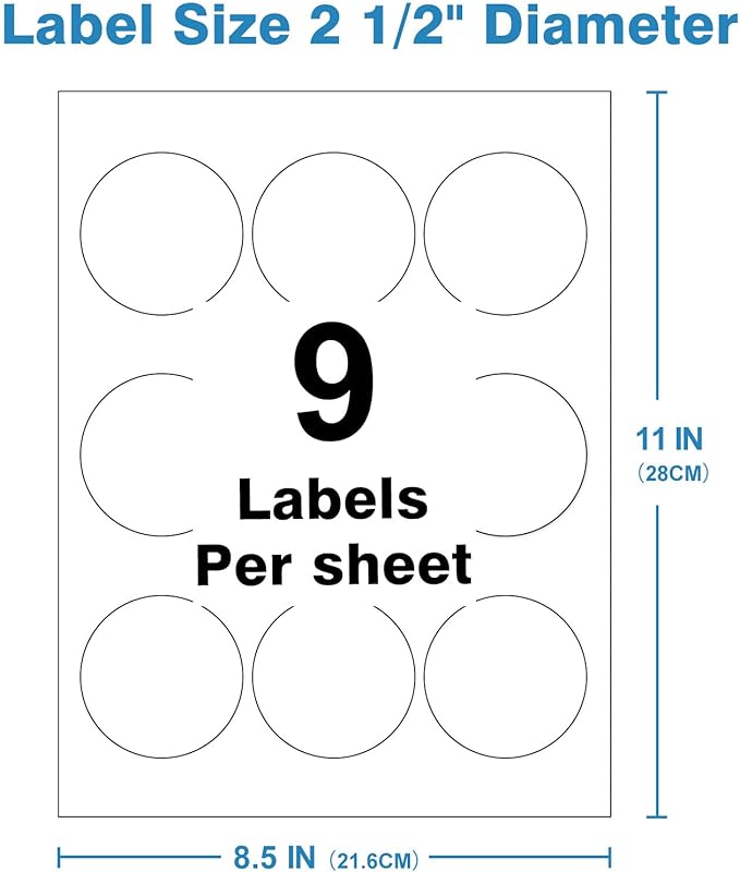 2.5" X 2.5" Circle Sticker Labels, Round Printable Sticker to Write On, Sticker Paper for Inkjet Printer, (9 Labels/Sheet), 50 Sheets