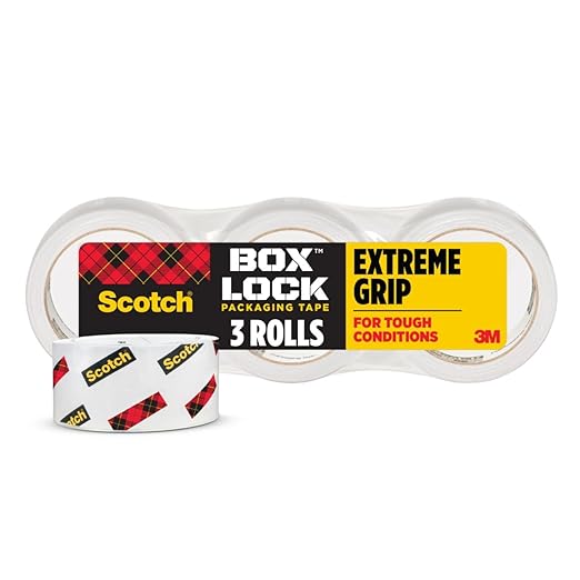 Scotch Box Lock Packing Tape, Clear, Extreme Grip Box Packaging Tape for Shipping and Mailing, 1.88 in. x 54.6 yd, 3 Refill Rolls