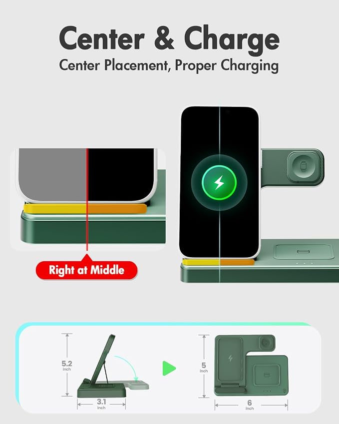 GETPALS Wireless Charger iPhone Charging Station for Apple Multiple Devices | 3 in 1 Charger Stand for iPhone 17 Pro Max 17e 16 16e 15 14 13 12 & Watch Series 11-2 SE Ultra & Airpods 4 3 Pro, Dark Green