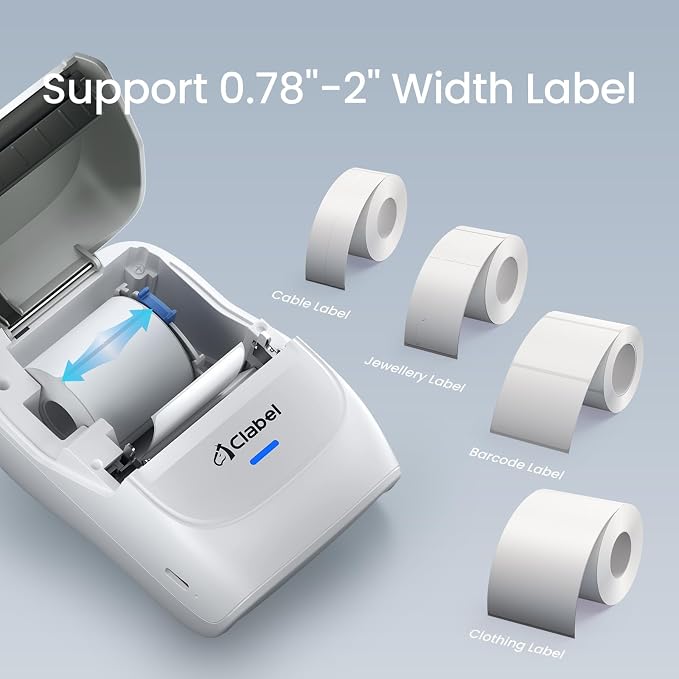 CLABEL Thermal Label Maker Machine 221B Mini Portable Label Printer Thermal Labeling Printing Machine Sticker Bluetooth Label Printer Barcode Inkless Labelmaker for Price Logo Clothing (Gray White)