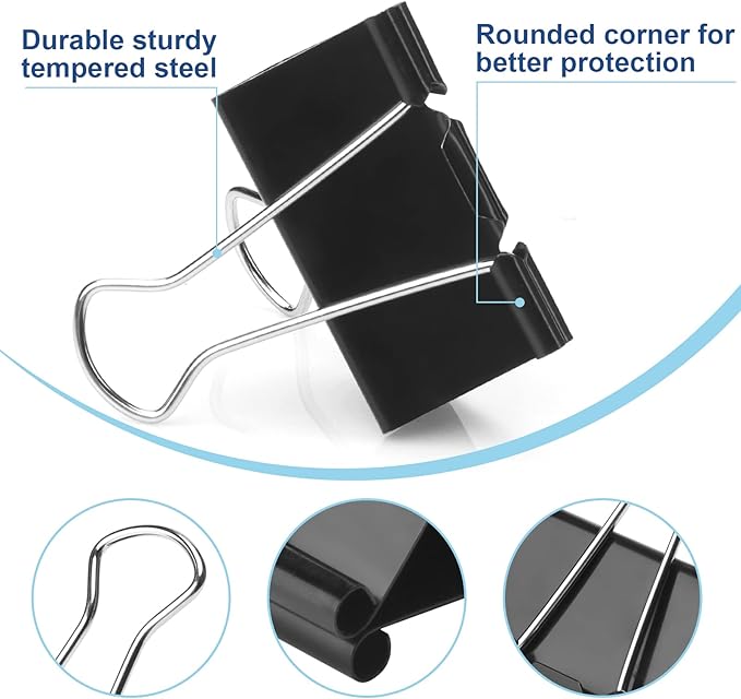 150 PCS Binder Clips Assorted Sizes, Extra Large Medium Small Mini and Micro, Metal Paper Binder Clip Black,Paper Clamps, 6 Sizes for Office, School and Home