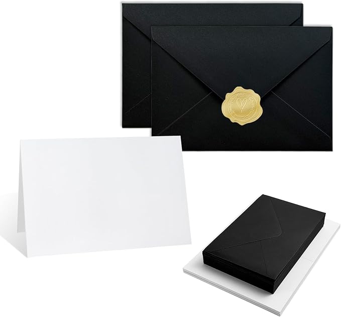 40 Pack Blank Cards and Black Envelopes 4x6, A4 Invitation Envelopes | A4 Folded Cardstock and Envelopes for Wedding, Note Card, DIY Greeting Cards,Thank you Cards, Birthday Christmas Invitations