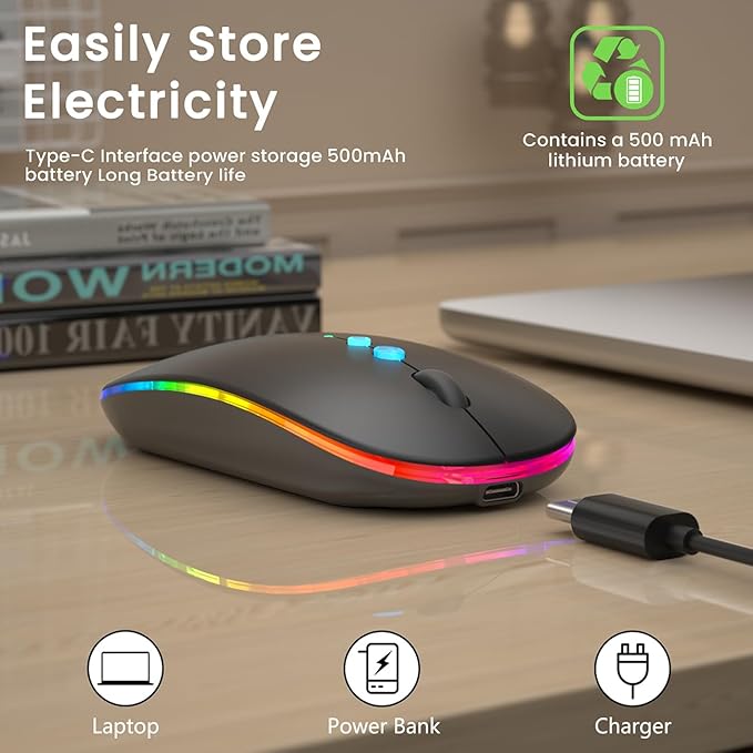 LED Wireless Mouse A100S Rechargeable Portable Silent Mouse with Optional USB and Type-C Receiver 3-Speed Adjustable DPI for PC/Mac/Laptop (Frosted Black)
