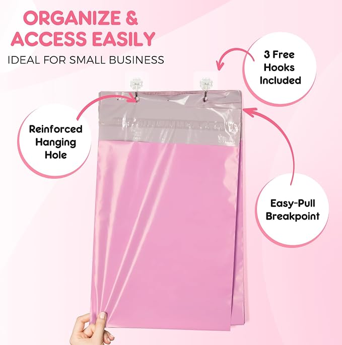 Fuxury Poly Mailers 12x15.5" 100PC Pink Shipping Bags for Clothing with Easy-Open Tear Strip & Easy-Store Hanging Holes, Strong Self-Seal Waterproof Shipping Envelopes Mailing Bags for Small Business