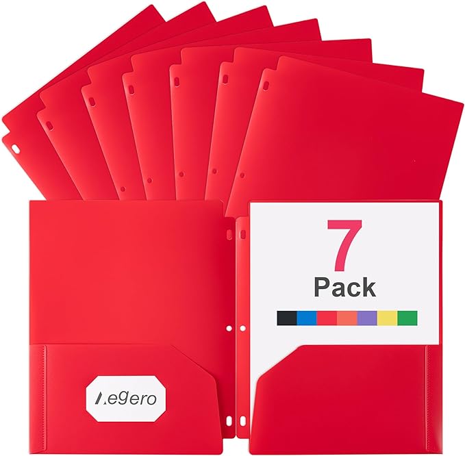 Plastic 3 Hole Punch Folders with Pockets (7 Pack, Red), Fits 3-Ring Binder, Divider Folder for Notebook, Durable Poly，Holds US Standard 8.5x11 Letter Size Paper