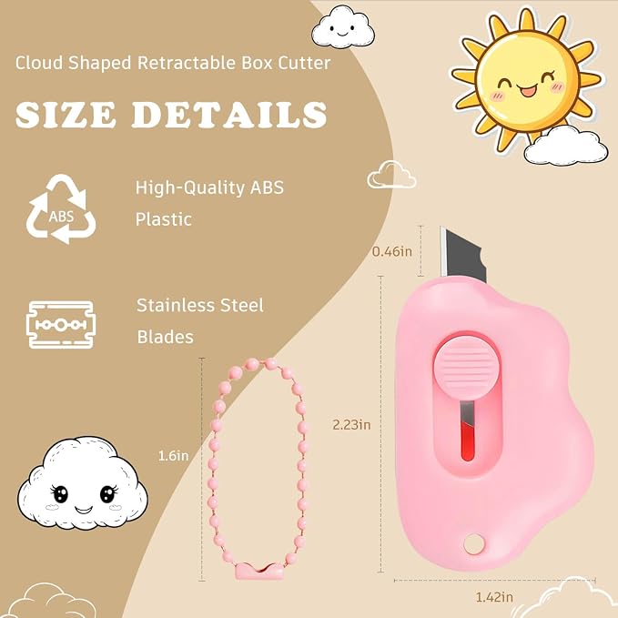 4-Pack Cloud Retractable Box Cutters with Key Rings | Mini letter openers with retracting stainless steel blades; ABS bodies; four colors; for packages, envelopes, and tape