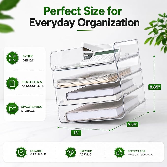 Clear Acrylic Paper Tray, 4 Tier Paper Organizer for Desk | Clear 4-tier organizer for files, folders & documents. Keeps desks tidy with easy-access vertical storage for office or home.
