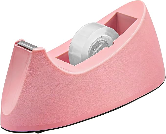 Heavy Duty One-Handed Weighted Office Tape Dispenser, Fits 1" Core, Pink | 1.4 lbs Non-Slip Rubber Base, Smooth Cut Serrated Blade, Standard 1-Inch Clear Tape Roll Holder, Home Desktop Office Supplies