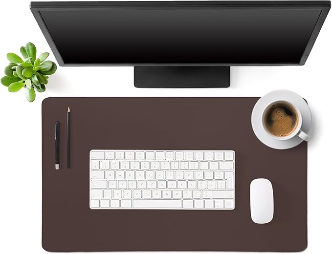 Tegeme Leather Desk Mat Large Desk Pad 23.6 x 13.7 Inch Non Slip Table Protector with Stitched Edges and Rubber Base Dark Brown Stylish Workspace Accessory Laptop Mat Smooth Writing for Home Office