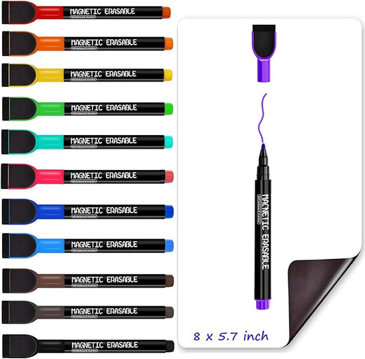 Magnetic Dry Erase Markers Fine Tip - 12 Colors Whiteboard Markers with Eraser Cap, Low Odor Thin Dry Erase Markers for Office Professional Use, Work On White board & Calendar