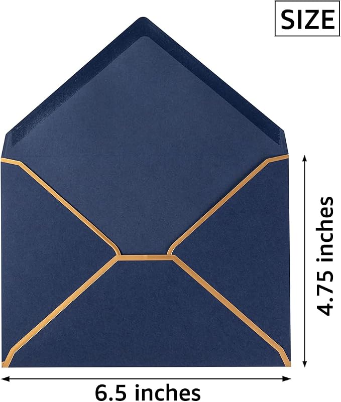 50 Pack A6 Envelopes Navy Blue 4x6 with Gold Border, 4.75x6.5 | Self-Adhesive, V Flap, For Wedding, Graduation, Baby Shower, Parties, Invitations
