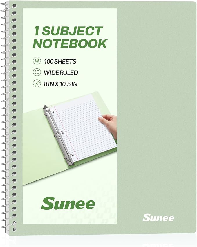 SUNEE Spiral Notebook, 1-Subject, Wide Ruled Paper, 8" x 10-1/2", 100 Sheets per Notebook, 3-Hole Punched Paper, Water Resistant Cover, Double-sided Pockets, Spiral Lined Notebooks for School, Green