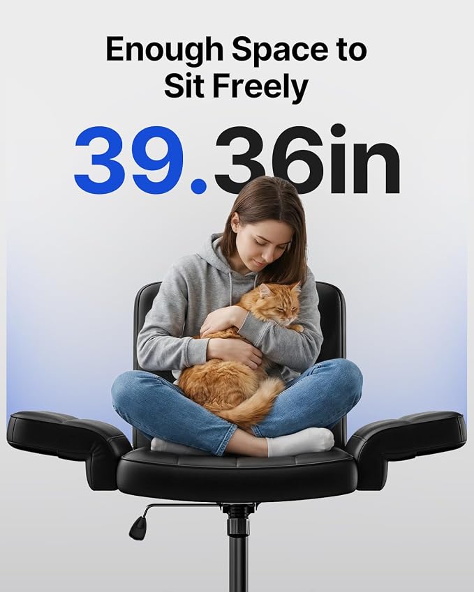 HUANUO Criss Cross Chair with 6-Point Adjustable Armrests, Pet-Friendly Criss Cross Office Chair, Comfortable Cross Leg Chair with Wide Seat, Durable PU Leather, Side Storage Pocket, Easy Assembly
