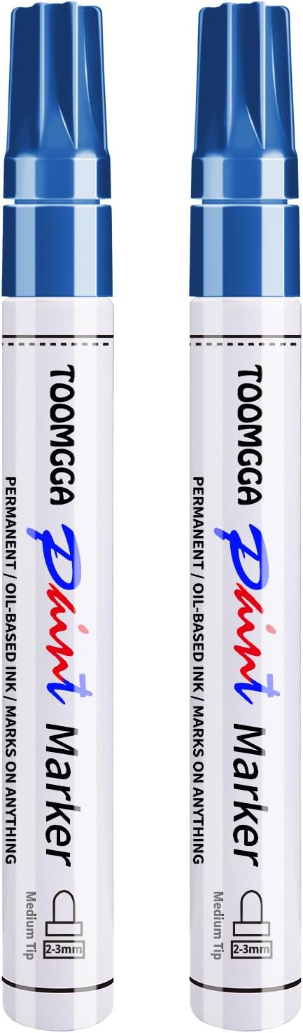 TOOMGGA 2 Blue Paint Pens Permanent Paint Markers, Oil Based Medium Tip | Marking Pens, Quick Drying, Waterproof, Fade-resistant, for Rock Painting, Car Tyre, Metal, Plastic, Canvas, Mugs, Wood