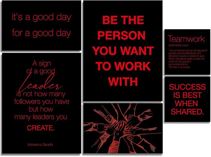 YEOION Inspirational Office Wall Art for Women,Motivational Teamwork Wall Decor for Office,Black and Red Postive Quote Workplace Canvas Wall Art for Set of 6