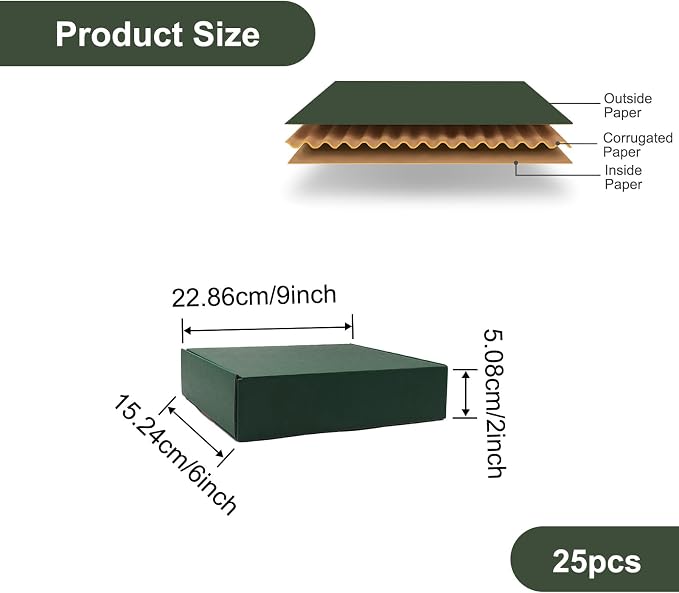 25 Pack Corrugated Packaging Box Mailers Shipping, Green Recyclable Cardboard Small Gift Mailer Boxes for Shipping Packaging Craft Gifts Giving Products, Green (9 x 6 x 2 Inch)
