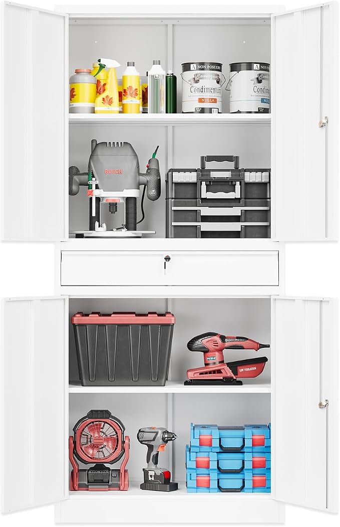 Fesbos 71" Metal Cabinet-White Heavy Duty Storage File Cabinet Steel Tool Cabinets with Shelves, Lockable Doors and Drawers- for Garage, Pantry, Warehouse - Assembly Required
