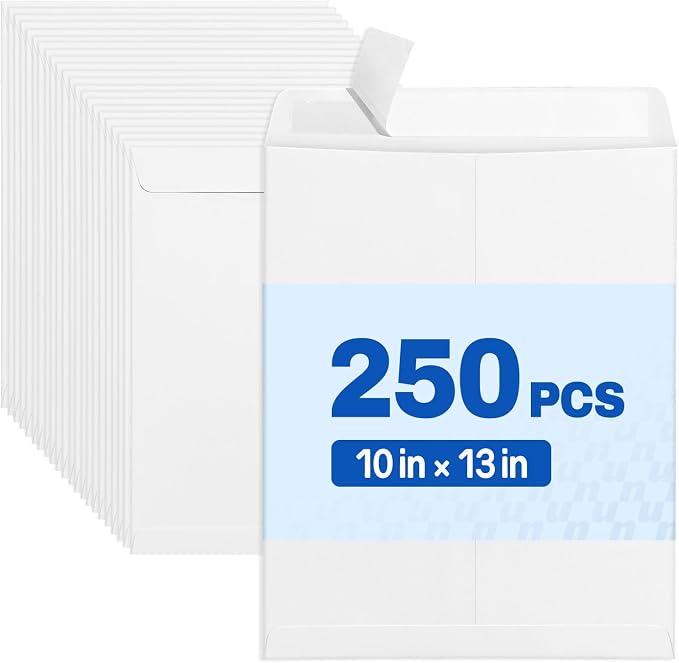 SUNEE 10 x 13 Self Seal Catalog Envelopes, 28lb White Security Mailing Envelopes, Ultra Strong Quick-Seal for Documents, Office & Business Use, 250 Pack