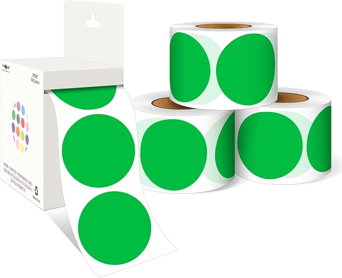 PARLAIM 2 Inch Round Adhesive Color-Code Dot Stickers,4Rolls/2000 per Rolls dots Label Dispenser Box, Circle Stickers Label Inch Coding Labels (Green)