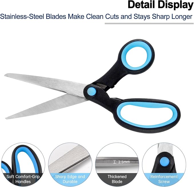 Left Handed Scissors for Adults, 8 Inch Lefty Scissors Bluk for big Kids Student, All Purpose Sharp Blades Shears Set(3 pcs), Great for Craft, Office, Sewing Fabric, Arts, School and Home, Black/Blue